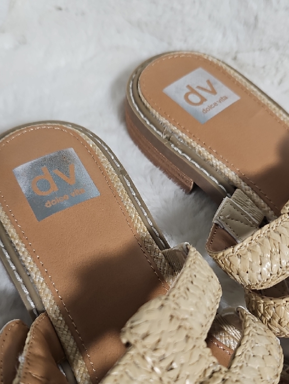 DV by Dolce Vita Beige Woven Slide Sandals with Gold Buckle - Picture 2 of 9